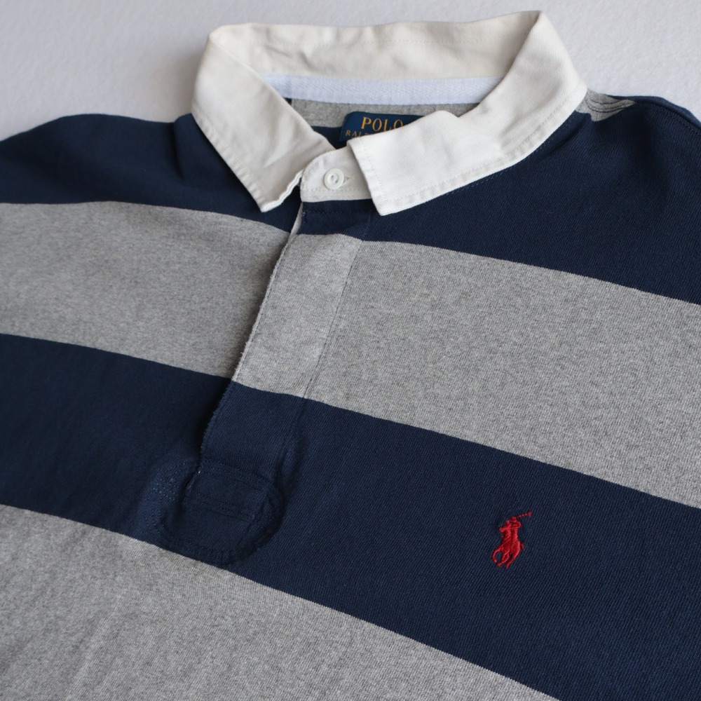 Polo Ralph Lauren Mens 4XLT Rugby Shirt Long Sleeve Striped Navy Gray Big & Tall